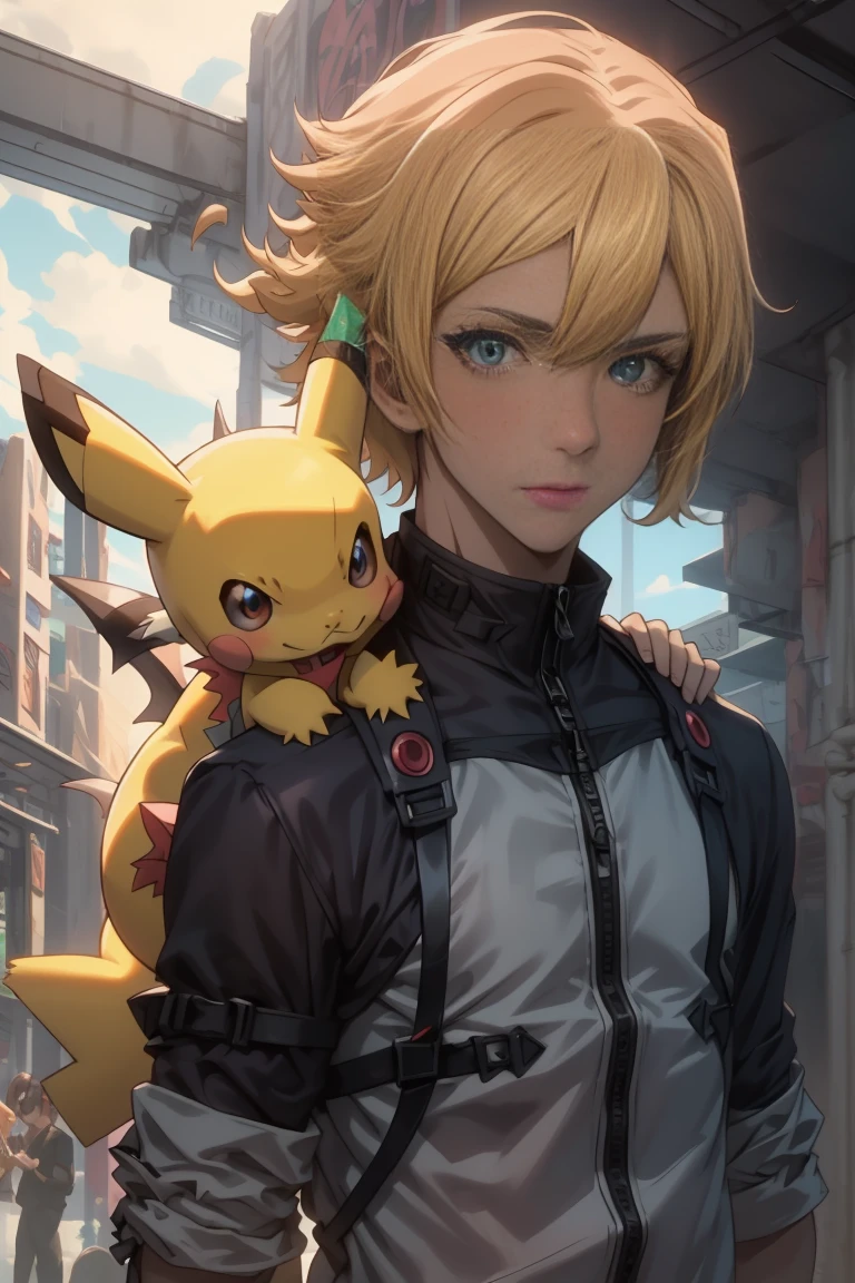 Steve Irwin, ung boy, male focus, hair blonde, containment, containment a microphone speaking to a crowd, pikachu, Vaporeon, Jolteon and Bulbasaur are on his shoulders, in a Pokémon gym, destaques especulares, face detailed, detailedeyes,