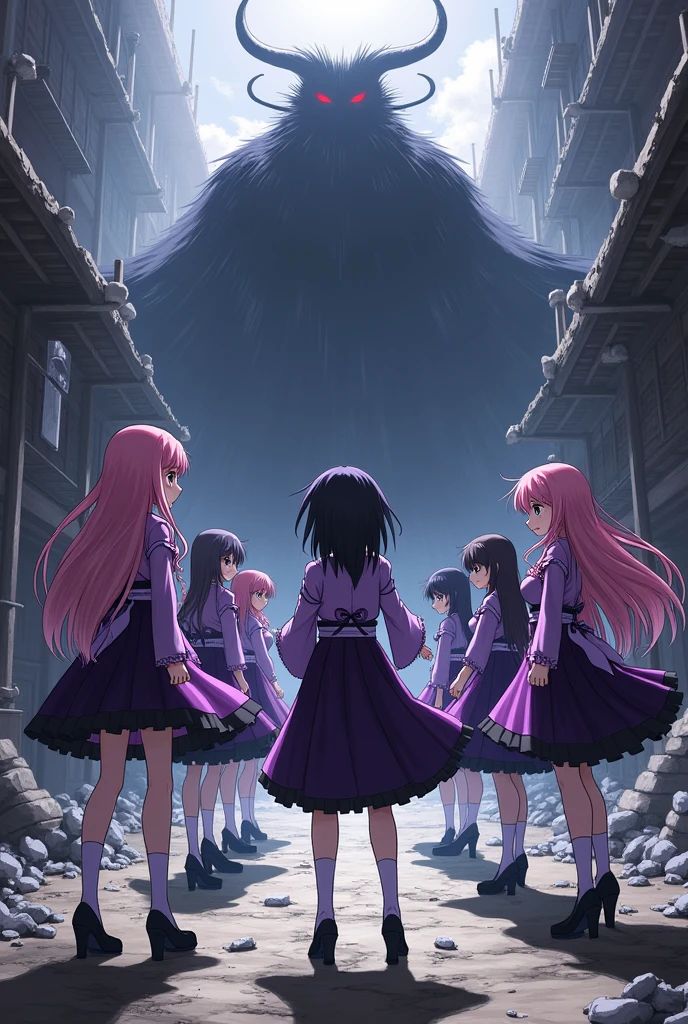 Mami tomoe, madoka kaname, homura akemi wear a japan scholar outfits in purples color  in grayzes a black tonalities, her wear a large panties color trasluset black, her shoes is a black tacons , sayaka Miki, Kyoko Sakura in a columne formation, the alrededors is in ruins an they have a battle with walpugirs natch, they stay on a cosntruction