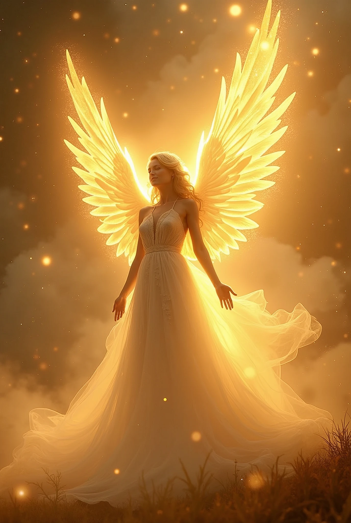 A mesmerizing, hyper-realistic 16K captures a magical moment of a white and gold abundance angel. The illustration radiates energy, movement, and vibrant colors, predominantly golden light making it a true work of art that celebrates magic and fantasy and imagination, cinematic, vibrant, photo, fantasy, vibrant lights.