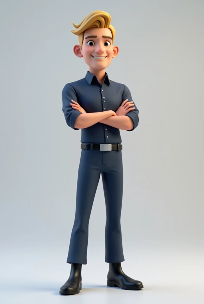 Create a mascot of a low-poly 3D male animated character with side-swept blond hair, looking forward, wearing a blue uniform with dark pants and shirt, no logo, black boots, and crossed arms.