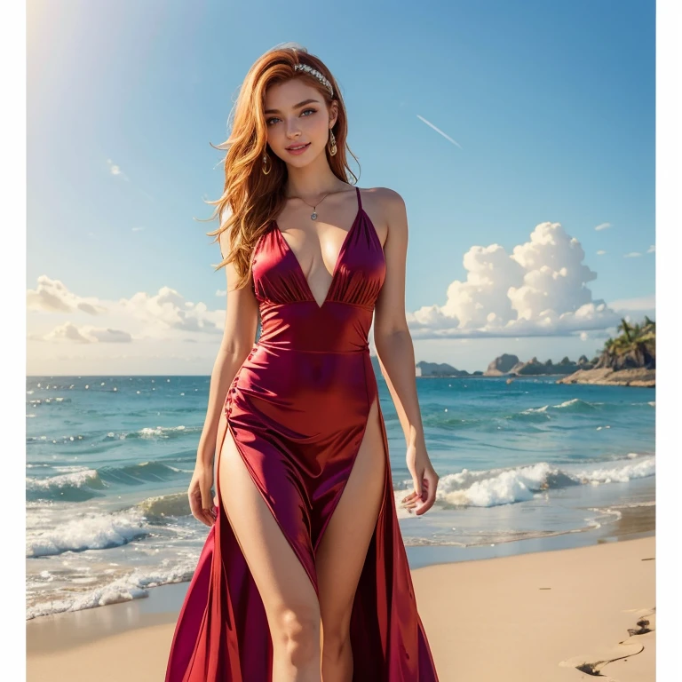 (​masterpiece, best quality:1.5), highest quality, High resolution, super detailed, Realists, Upper body of a 22-year-old redhead woman, detailed and beautiful eyes, beautiful detailed lips, very detailed eyes and face, longeyelashes, 22-year-old woman in a satin dress, Beautiful and colorful makeup, elegant and noble々Pose,shiny satin headband,, Beach and sea as background, bright daylight, bright colors, fine brushstrokes, Portrait style, beautiful color palette, glowing skin, First-class rendering, that captures every detail, enchanting atmosphere, (perfect anatomy:1.2), (The stunning woman is wearing a short satin beach dress. She smiles flirtatiously. her arms above her head, Showcasing her figure (magnificent panorama view:1.2)