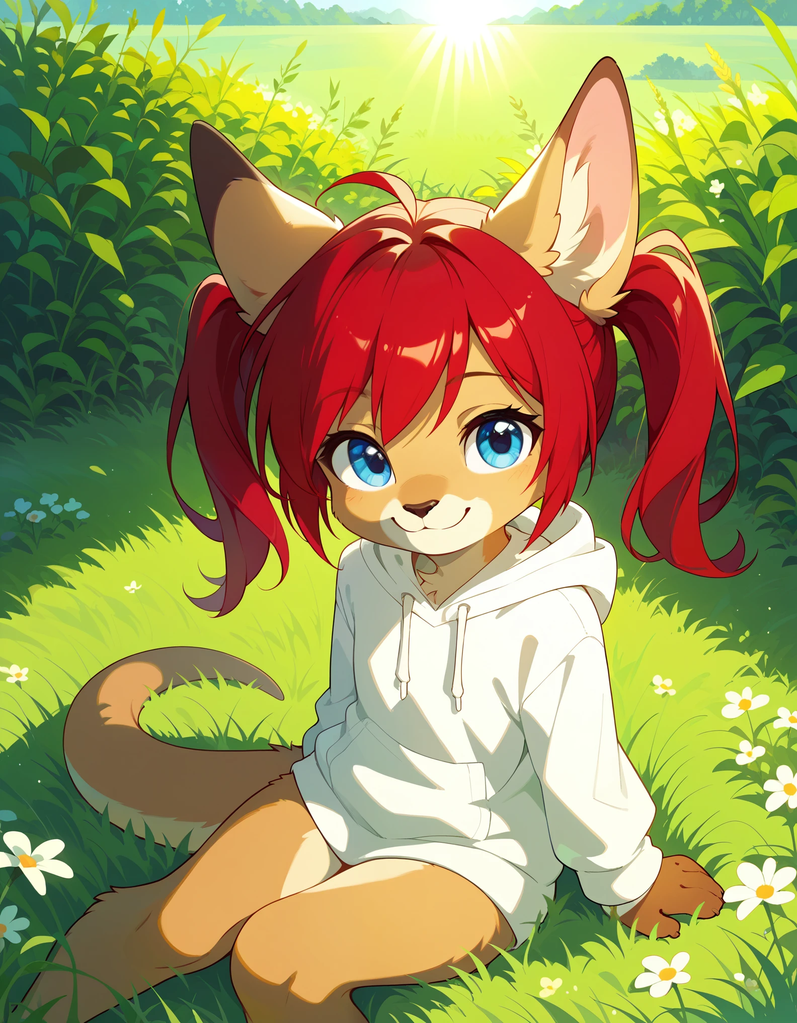 score_9, score_8_up, score_7, rating_ safe, source_furry, furry, camille_w, solo, red hair, twintails, blue eyes, hoodie, (kangaroo tail:0.7), sitting, outdoors, grass, looking at viewer, smile, cute, sunlight, natural lighting, 