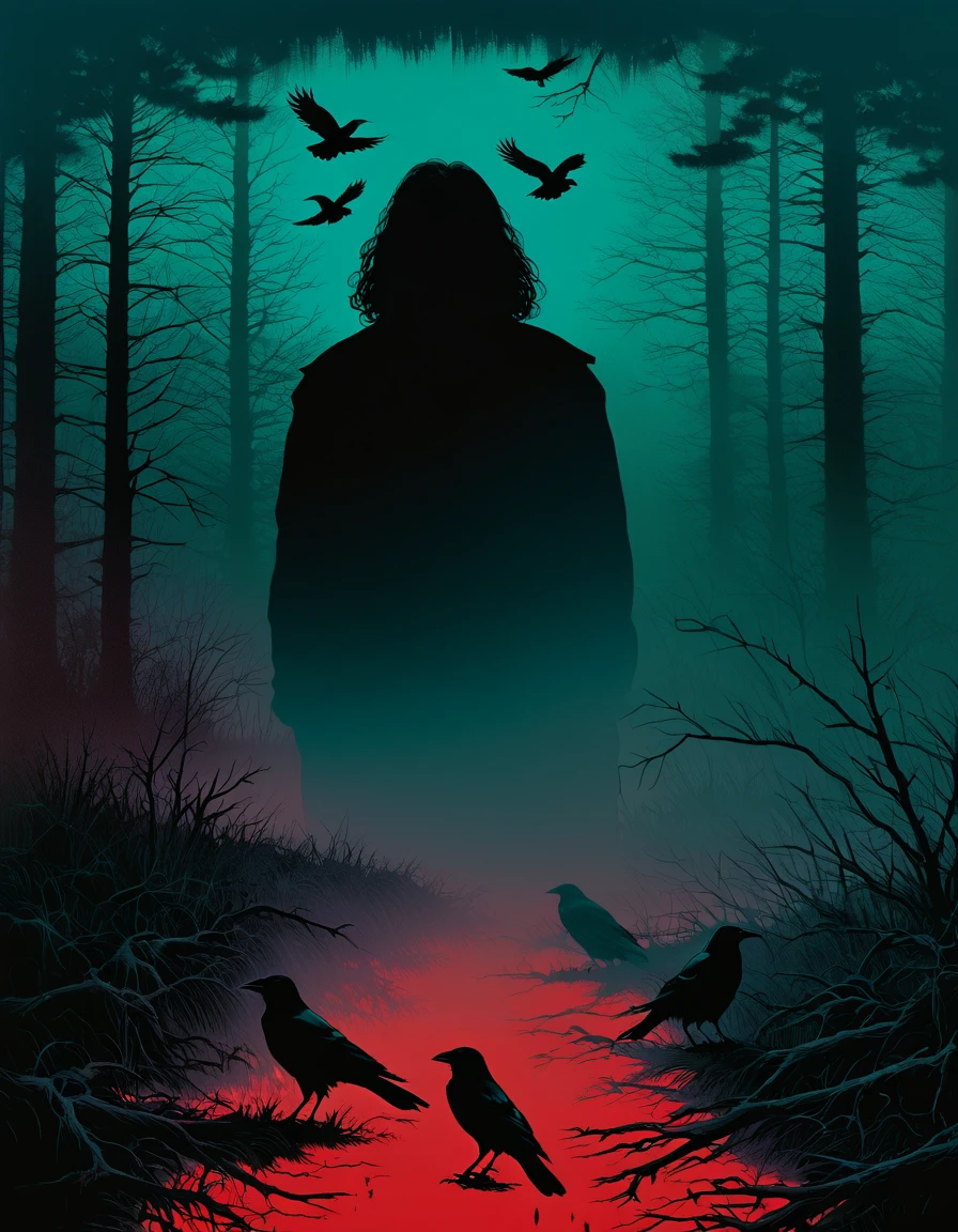 illust、art、from 80s horror movie、house in the mist、high detail, realistic shadow、Analog style, vhs style, 8mm film, chromatic aberration, Dvd screengrab、Complementary color gradient, blood, crows
