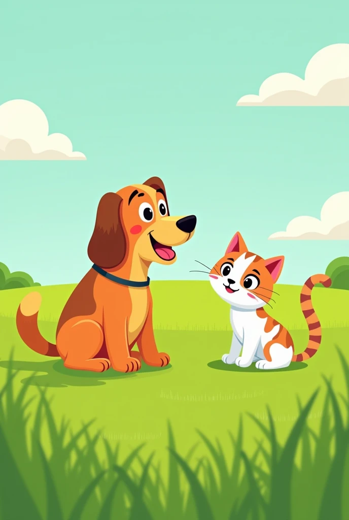 Create a flat design image with a colorful and vibrant style. The image should feature a dog and a cat together in a green field. The dog should have a friendly appearance, and the cat should look curious. Both animals should be drawn with simple shapes and bright colors. The green field should be broad and uniform, with minimal details, to highlight the main characters.