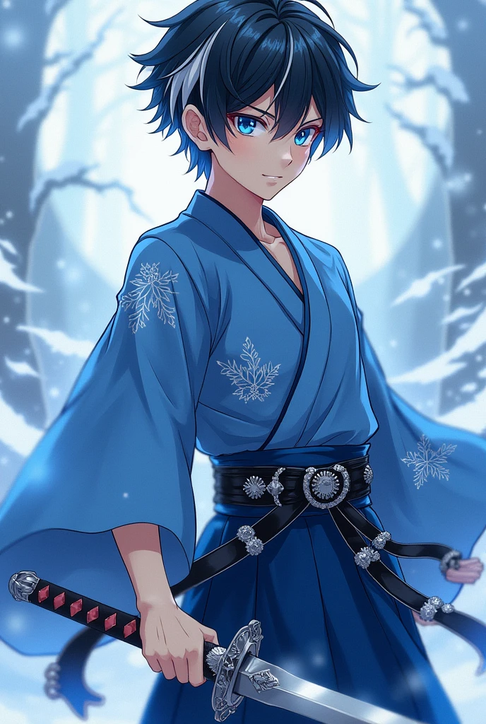 Create an image of a character, a boy, 19 yrs old, is a Hashira, Ice Hashira, has a calm and cute face like Muichiro's and has a sword, he wears hasira haori with design representing his ice breathing, a deep blue kimono with designs also, a dark blue hakama with designs also, a belt with silver design details for his sword, and a tabi japanese footwear made for combat, he also has black hair with white strips and he has crystal blue eyes. I hope you can create an anime like image base on my description. Thank you!