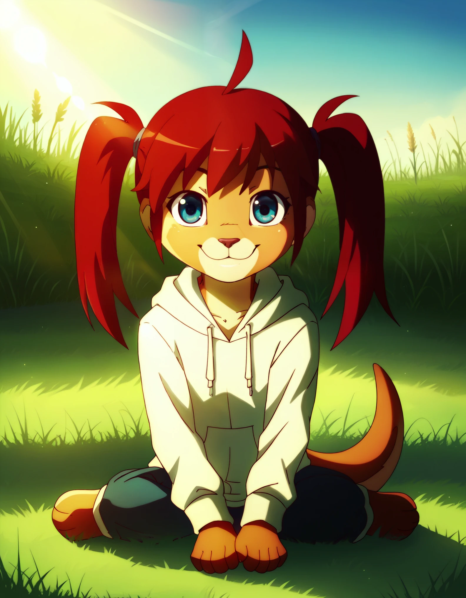 score_9, score_8_up, score_7, rating_ safe, source_furry, furry, camille_w, solo, red hair, twintails, blue eyes, hoodie, (kangaroo tail:0.7), sitting, outdoors, grass, looking at viewer, smile, cute, sunlight, natural lighting, 