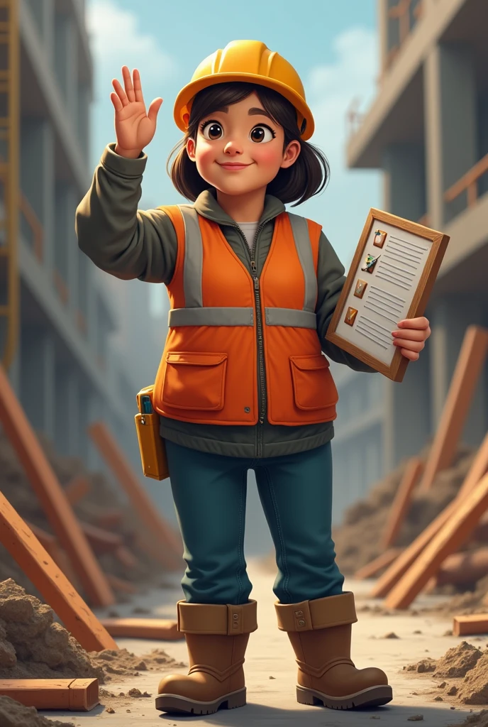 A 45-year-old woman, dressed as a construction worker, with Chinese brown hair, and light brown skin, round face and a little fat, raising her left hand and in her right holding a score board