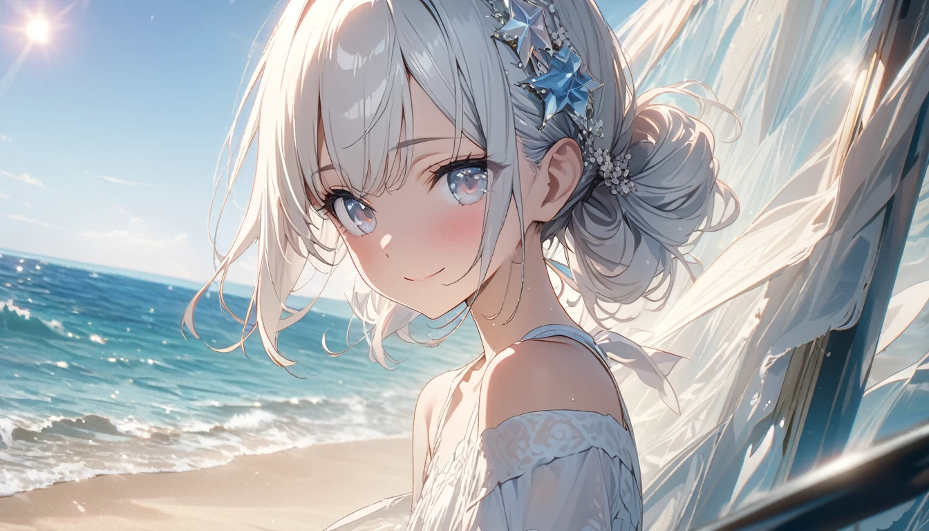 ((ultra-detailed))/(one women with short white hair and bob hair.、beautiful silver eyes,.、smile、gentle smile on her face、flat chest, one Beautiful girl,((masterpiece, illustration, best quality) ((ultra-detailed))/)Masterpiece、Delicate eyes、Tied up hair、Beautiful hair ornament、Upper Body, Smiling、、beach,Ocean、white dress,,濃い青とBeautiful Blueのグラデーション, High resolution, 8K HD detail, hyper-detail, cinematic, surrealism, soft light, deep field focus bokeh, ray tracing and surrealism. --v6'