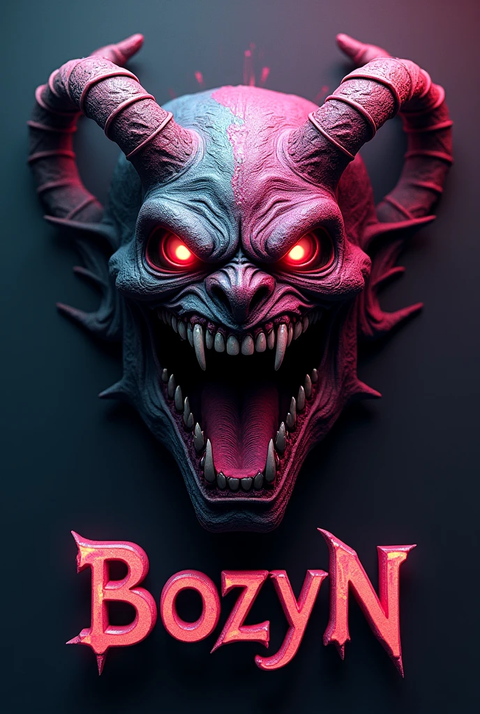 3d images a scary demon face with a combination of bright colors with the words Bozyn underneath