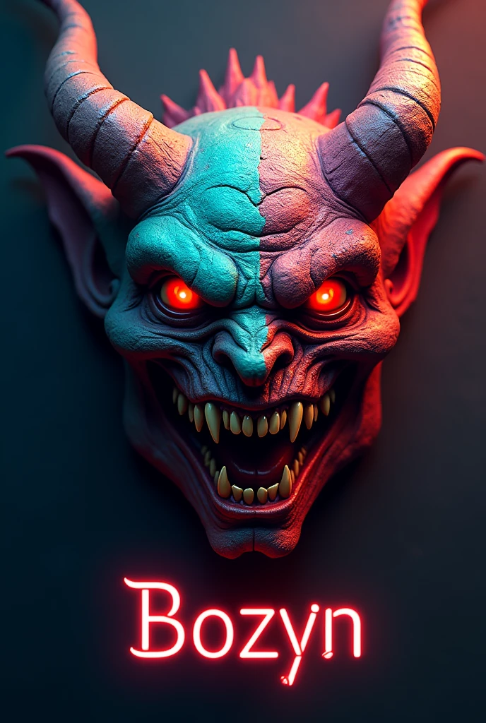 3d images a scary demon face with a combination of bright colors with the words Bozyn underneath