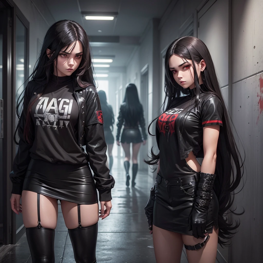 A hot and young female bully with black long hair and red eyes and dressed in black cool clothes in a school hallway, she has her own gang of 3 bully girls behind her, the other bullys have blond hair and brown hair. Epic style, dark and gloomy atmosphere, darker colors, rain outside