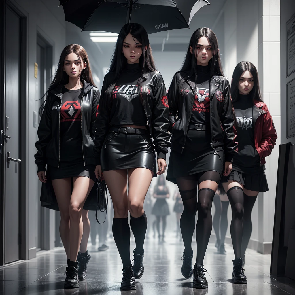 A hot and young female bully with black long hair and red eyes and dressed in black cool clothes in a school hallway, she has her own gang of 3 bully girls behind her, the other bullys have blond hair and brown hair. Epic style, dark and gloomy atmosphere, darker colors, rain outside
