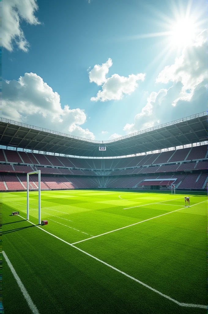 {
"prompt": "A vibrant football field during the day, with lush green grass and white goalposts. Scattered across the field are various gymnastics apparatuses, including a balance beam, uneven bars, pommel horse, and vault table. The apparatuses blend with the surroundings, creating a contrast between the sporty atmosphere of the football field and the elegance of gymnastics. The background features stadium seats and a bright blue sky with a few clouds."
}