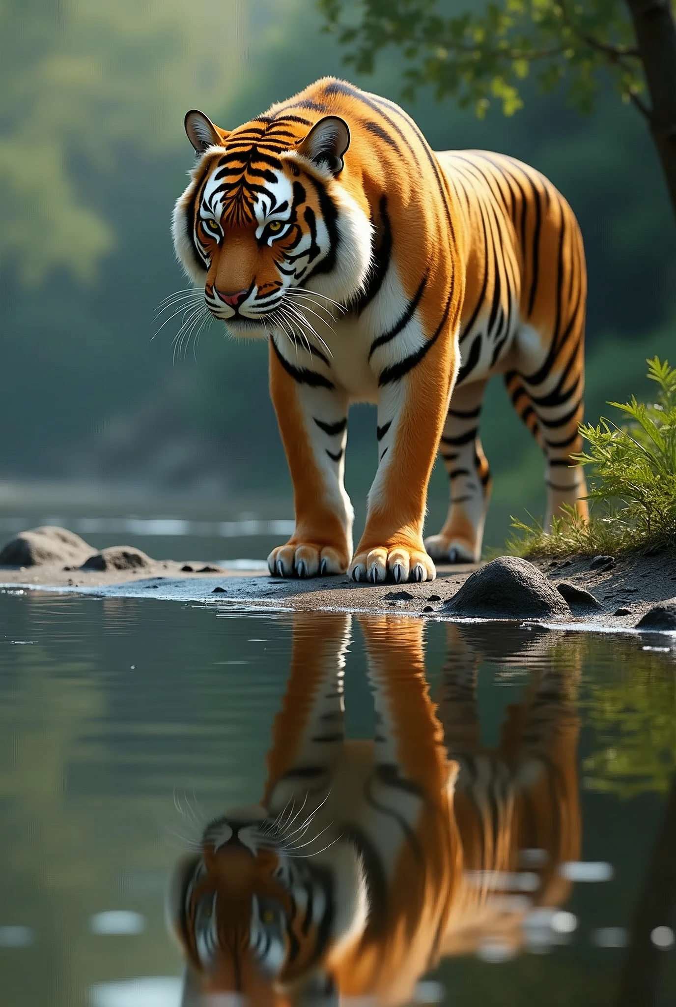 tiger on river front side looking at its reflection it should be photorealistic  