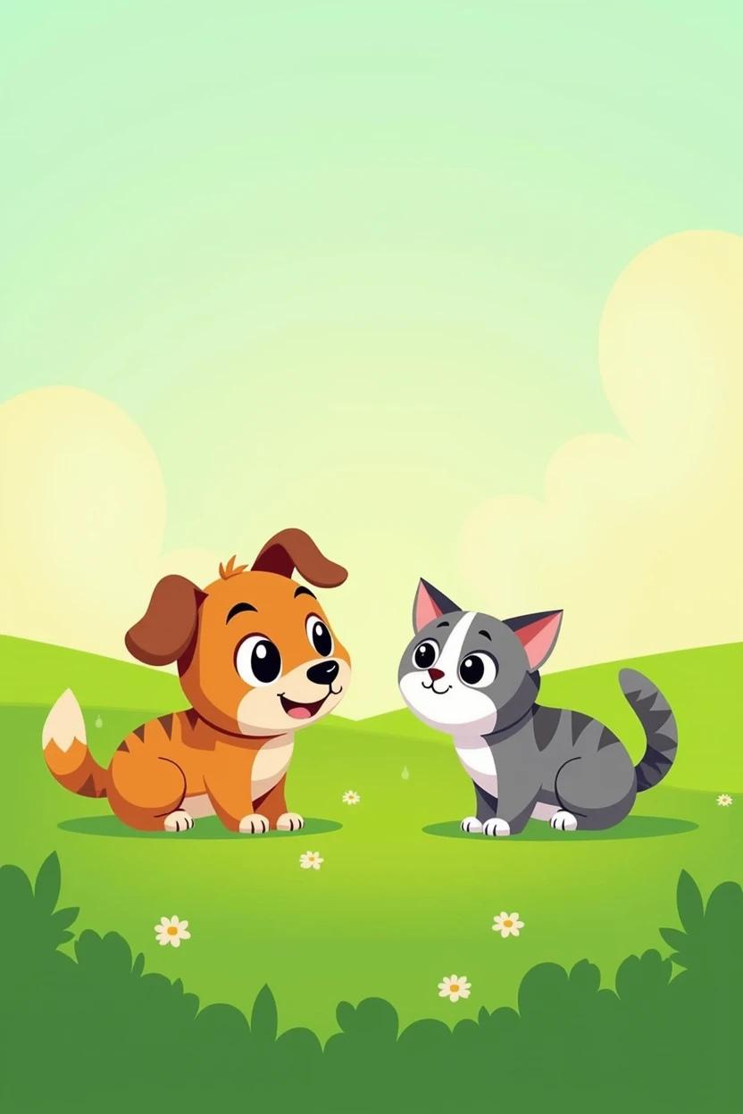 Create a flat design image with a colorful and vibrant style. The image should feature a dog and a cat together in a green field. The dog should have a friendly appearance, and the cat should look curious. Both animals should be drawn with simple shapes and bright colors. The green field should be broad and uniform, with minimal details, to highlight the main characters.