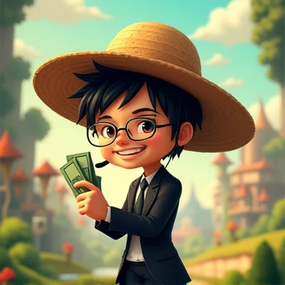 Cartoon style avatar, with a caption written underneath "Lionel" with Luffy's straw hat from One Piece, Zelda theme background, de terno preto, square eyeglasses, headset and holding bills
