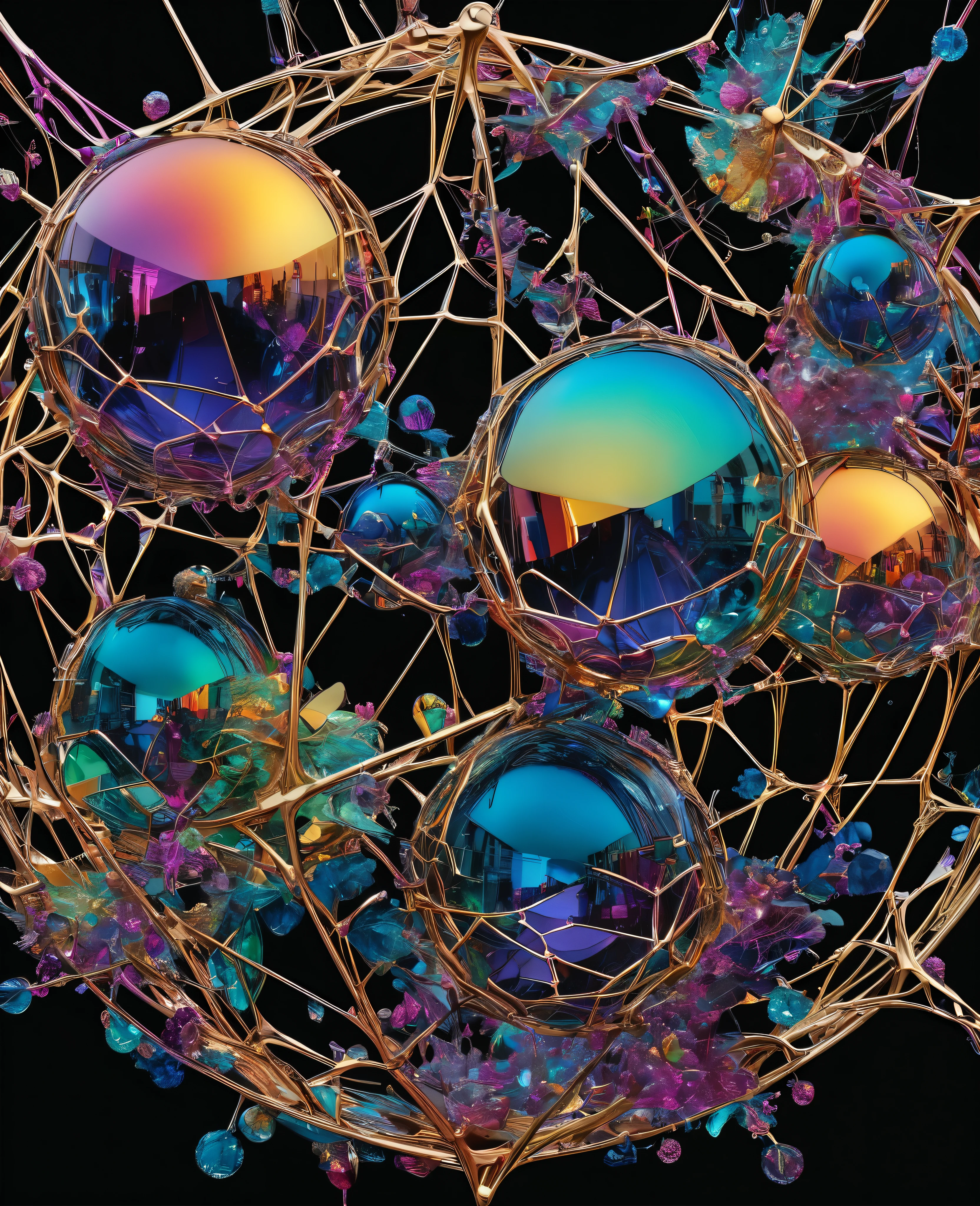 "An ultra-intricate 8K masterpiece inspired by Petra Cortright's graffiti and scribble style, featuring vibrant, glowing crystal spheres suspended in a web of delicate, multicolored shimmering lines. The design is a professional, highly detailed representation set against a rich, velvety black background, allowing the luminous hues of the crystal spheres and intricate web to shine. The composition incorporates a vivid palette of blues, purples, greens, and golds, creating a kaleidoscope of colors that enhance the ethereal beauty of the spheres. Each sphere is meticulously rendered, capturing light and reflection with stunning clarity, resulting in a visually striking and dynamic piece that is both colorful and captivating."