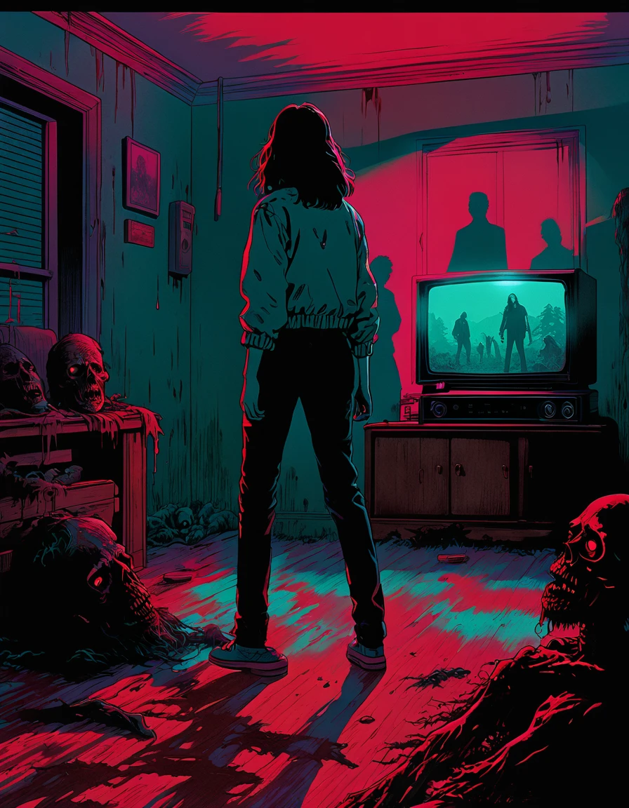 illust、art、from 80s horror movie、house in the mist、high detail, realistic shadow、Analog style, vhs style, 8mm film, chromatic aberration, Dvd screengrab、Complementary color gradient, blood, zombie
