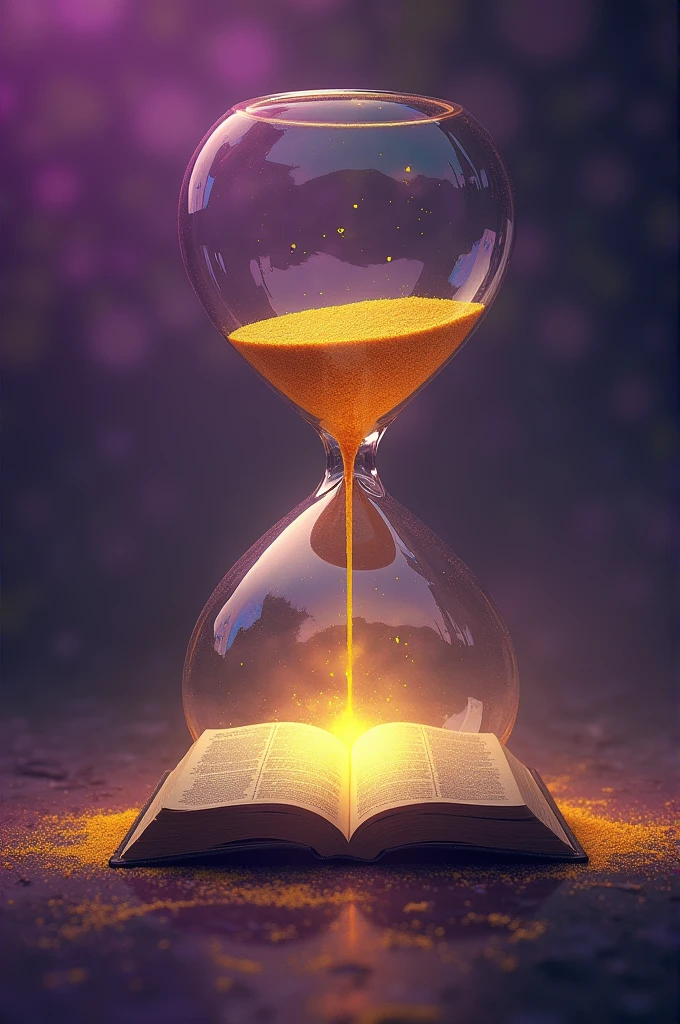 To make a realistic hourglass and at the bottom of the hourglass a new evangelical church is being born, REPRESENTED BY AN OPEN CHRISTIAN BIBLE. THE IMAGE BEING MADE FROM A PURPLE COLOR PALETTE, yellow and green