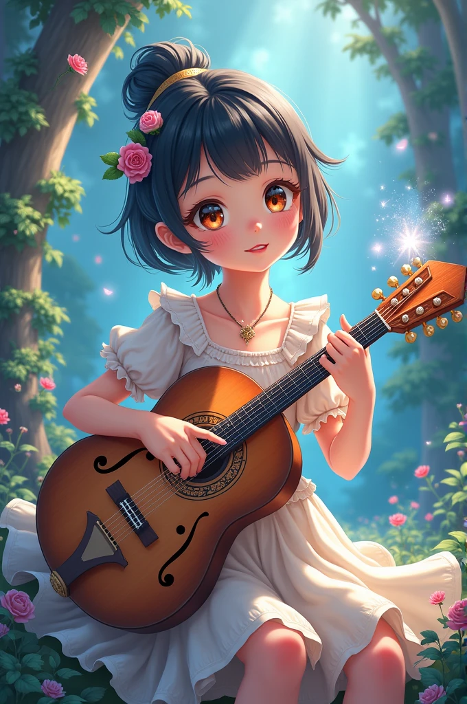 Anime girl, playing hurdy gurdy musical instrument, fantasy, magic, illusionist,