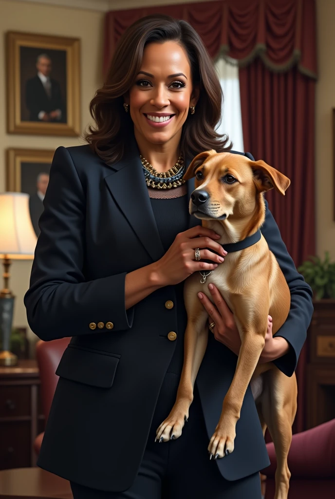 Kamala harris take pawlicy advisor dog newton in his hand. And keep $newton word in image