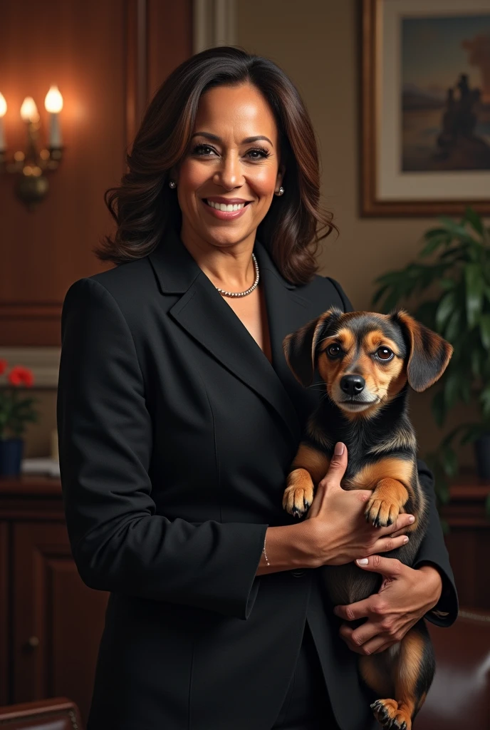 Kamala harris take pawlicy advisor dog newton in his hand. And keep $newton word in image