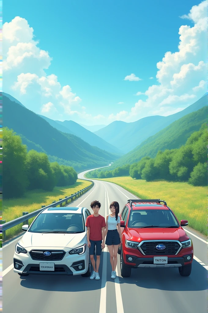 Create a landscape on a highway with a man leaning (Subaru car) and a woman leaning (Triton car) アニメ