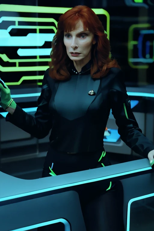 Beverly Crusher in a sexy Tron outfit neon trim, in a cyberpunk lab neon trim, sexy poses by the examining table
