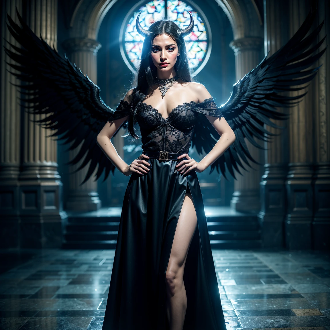 (Best Quality), (ultra-detailliert), (masuter piece), (hight resolution), (Original), (the Extremely Detailed CG Unity 8K Wallpapers), (Best Quality), (ultra-detailliert), (masuter piece), (hight resolution), (Original), (the Extremely Detailed CG Unity 8K Wallpapers), depth of field, bokeh, sharp focus, 1 woman, attractive young female model, beautiful, 20 years young, dark_angel, ((bright eyes)), light blue eyes, detailed eyes, dark hair, very long hair, luscious lips, spooky, smokey eye makeup, evil smile, devious, evil smile, wearing necklace, wearing black neckband, black lace dress, black lace off the shoulder dress, slveless dress, fitted dress, huge black angel wings, outstretched wings, black demon horns, on a deep dark night, gothic cathedral, dim ligtning, soft light, wears hip belt with golden buckle, hip belt is adjusted too tightly, hip belt cuts into waist, leans forward, hands on hips, close up portrait, satanic tattoos on arm,