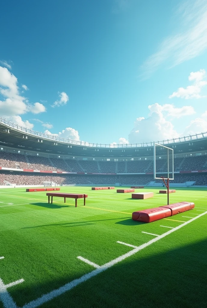 {
"prompt": "A vibrant football field during the day, with lush green grass and white goalposts. Scattered across the field are various gymnastics apparatuses, including a balance beam, uneven bars, pommel horse, and vault table. The apparatuses blend with the surroundings, creating a contrast between the sporty atmosphere of the football field and the elegance of gymnastics. The background features stadium seats and a bright blue sky with a few clouds."
}
