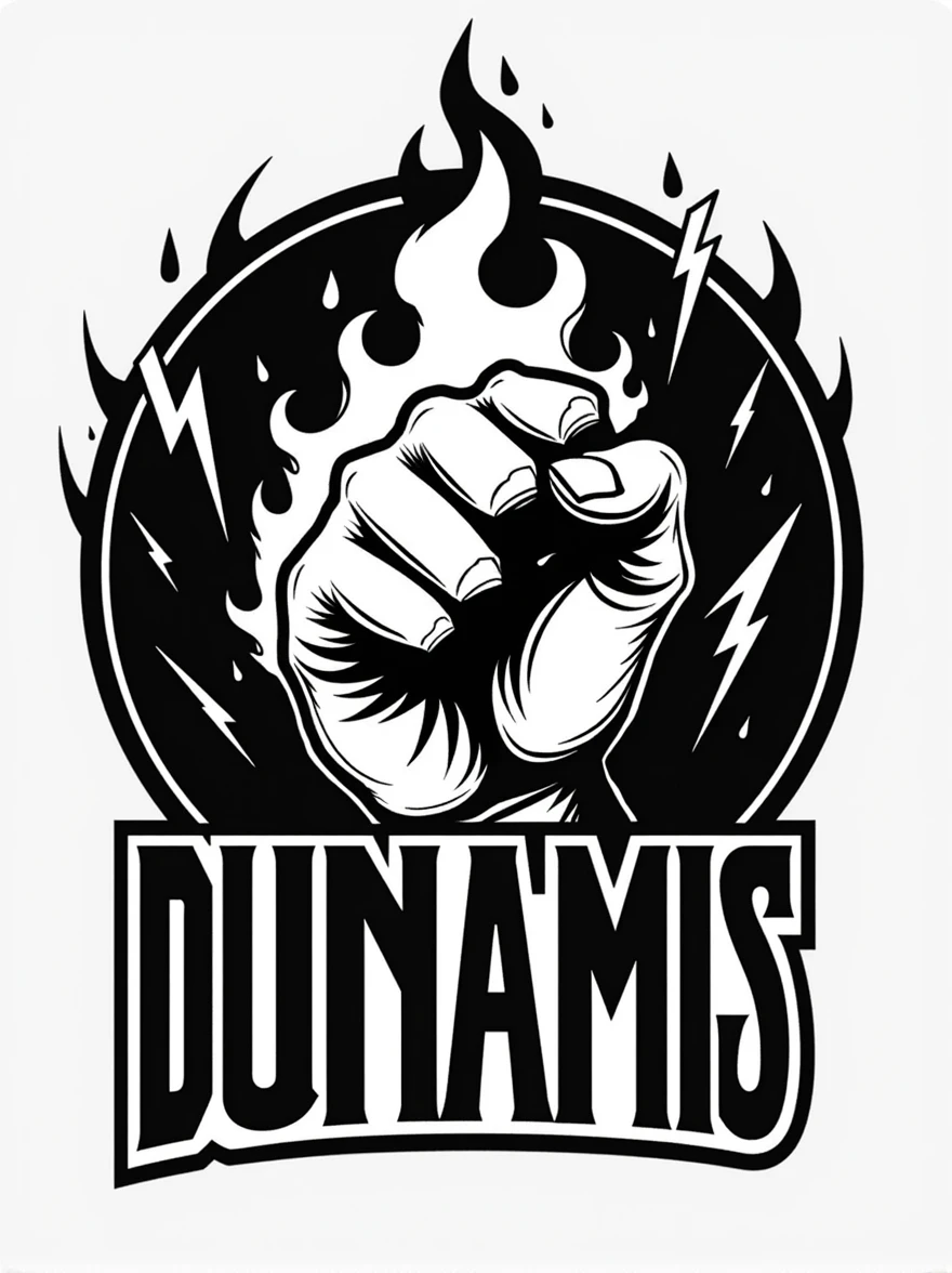 /Imagine a logo with a hand engulfed in fire and lightning bolts surrounding it, with the word 'dunamis' written in a bold and assertive style. The hand is clenched, in black and white.