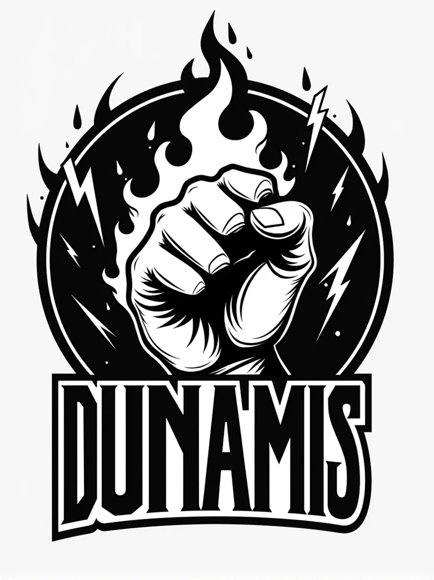 /Imagine a logo with a hand engulfed in fire and lightning bolts surrounding it, with the word 'dunamis' written in a bold and assertive style. The hand is clenched, in black and white.