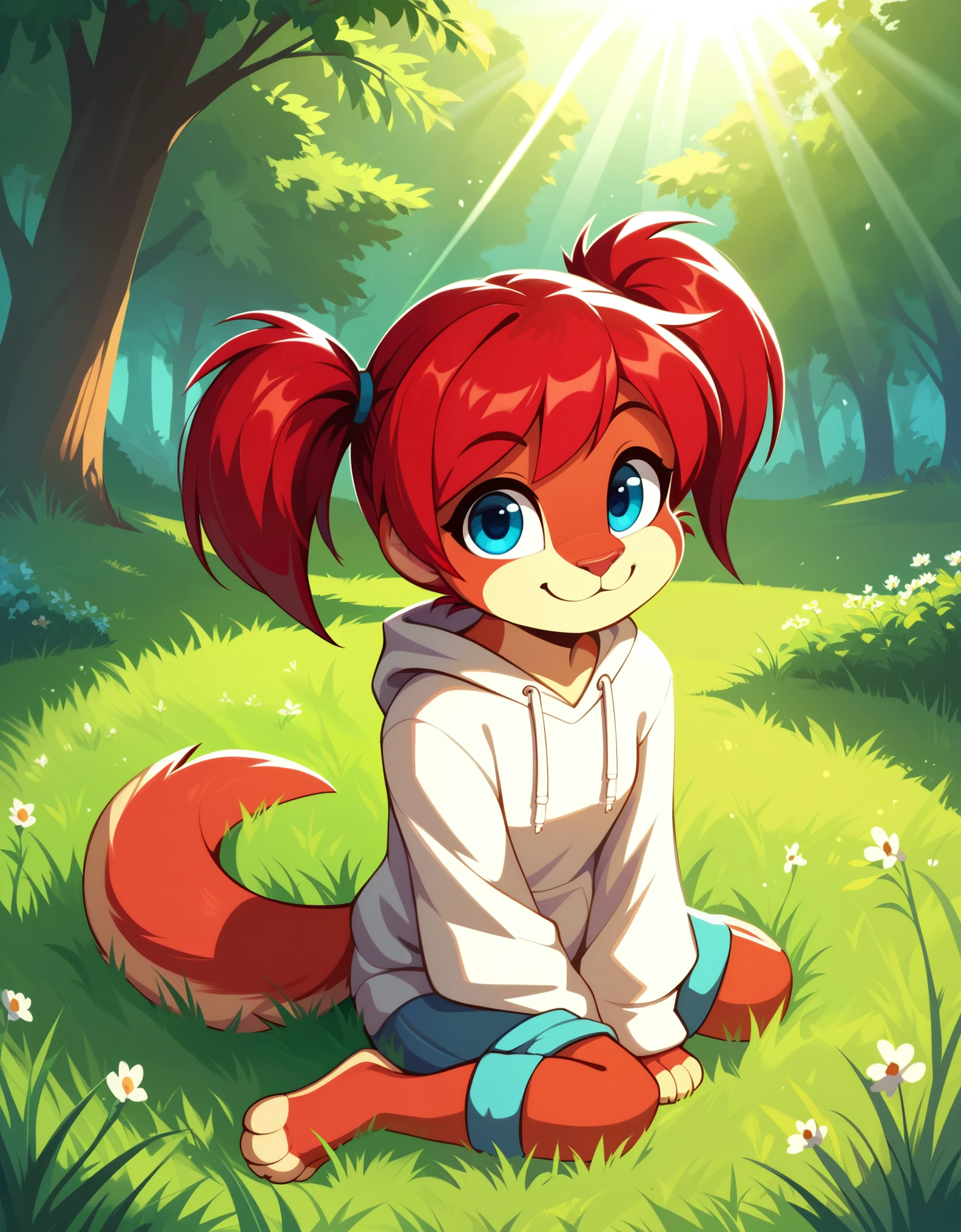 score_9, score_8_up, score_7, rating_ safe, source_furry, furry, camille_w, solo, red hair, twintails, blue eyes, hoodie, (kangaroo tail:0.7), sitting, outdoors, grass, looking at viewer, smile, cute, sunlight, natural lighting, 