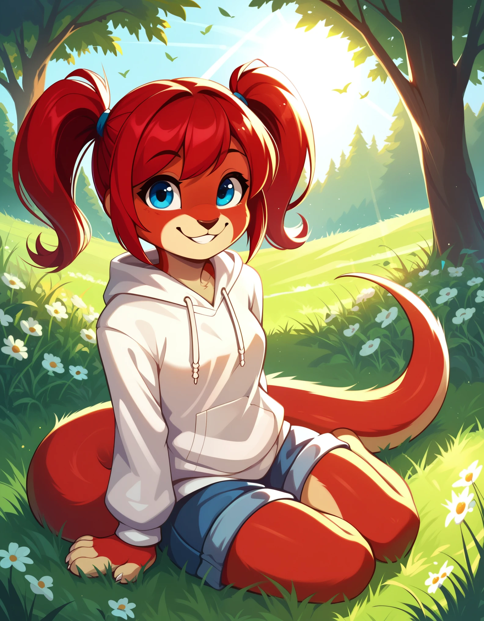 score_9, score_8_up, score_7, rating_ safe, source_furry, furry, camille_w, solo, red hair, twintails, blue eyes, hoodie, (kangaroo tail:0.7), sitting, outdoors, grass, looking at viewer, smile, cute, sunlight, natural lighting, 