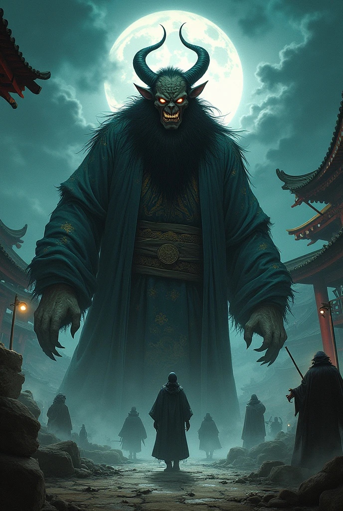 Create a detailed and atmospheric illustration of a traditional Japanese yasha or ogre. The scene should evoke a sense of ancient folklore and horror, featuring the yasha or ogre with traditional Japanese attire and features. The background should include an ancient Japanese temple or shrine, such as an old Shinto shrine or Buddhist temple. Incorporate elements like dim moonlight, mist, and shadowy figures to enhance the eerie atmosphere. The character should have a fearsome expression, with elements like sharp claws, fierce eyes, and traditional Japanese masks to emphasize the supernatural and ominous nature.