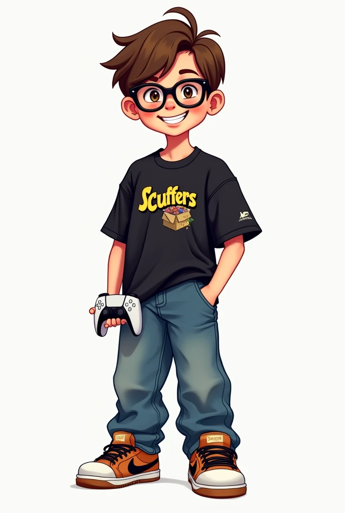 a drawing, style like Breely7's that he used on his channel, of a boy with brown hair and eyes, de oculos pretos com uma t shirt cropped e boxy com o box logo da scuffers preta, umas jeans baggy e uns foam runner, the boy has to be smiling and in one hand a ps5 controller, and it has to be less cute and look more like a cartoon