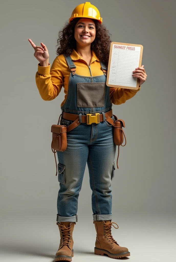 A 45-year-old woman, dressed as a construction worker, with long brown curly hair, and light brown skin, round face and a little fat, raising her left hand and in her right holding a score board 
