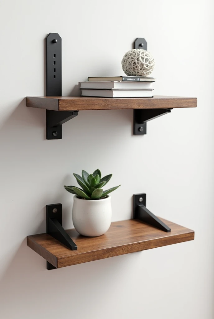 Create for me a small 2-tier industrial wall shelf with dimensions of 40 cm in length and 21 cm in depth, with brown wood that is 15mm thick and black support brackets that are 30 cm tall and 25 cm deep, to be placed in an office..