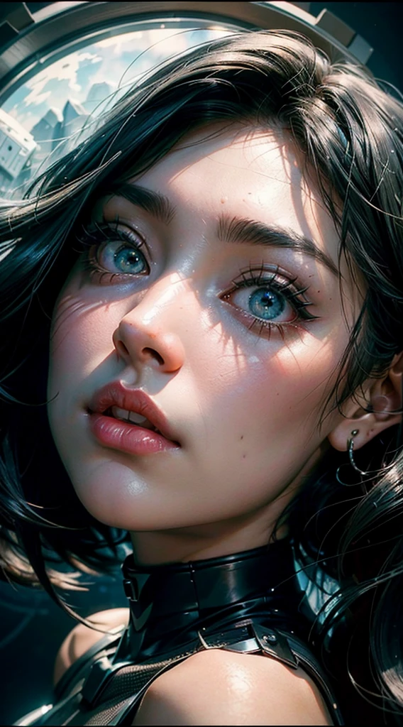 Heart-shaped face, (long black hair:1.2), (natural skin without makeup:1.1), wearing a (skinny net outfit:1.2) that highlights her (beautiful figure:1.3), set in a (futuristic cabin:1.1) with a (giant circular window:1.2) offering a spectacular view. (Facial focus:1.3), (detailed eyes:1.2), capturing a (sexy yet elegant:1.1) vibe. Photorealistic style with (rich color:1.2) and (hyper-realistic texture:1.3). Shot using a (Koda850 k portrait camera) with an (F1.6 lens) for a shallow depth of field, sharp focus, and (cinematic lighting). The scene evokes a blend of (modern fashion and sci-fi elements)