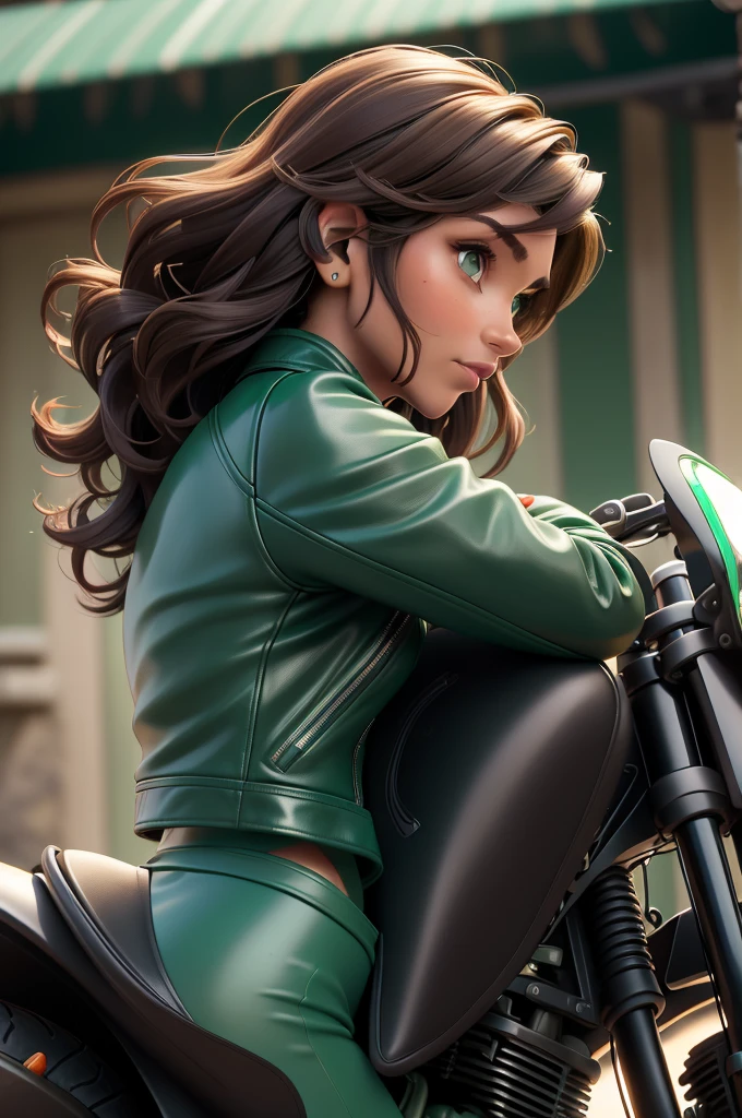 obra prima, melhor qualidade, ((only one woman,)) ((kristi noem, dark tan skin, dark brown wavy bob hair)) looking over shoulder at me, massive erect cone tits, ((wearing metallic green leather biker moto jacket,)) ((jacket has padded shoulders, jacket has stiff high collar,)) (((wearing jade green leather pants,))) body is very skinny, arched back, ((riding motorcycle, extreme closeup view, side front view of upper body,)) shallow depth of field, highres, HD, 8k, anatomically correct