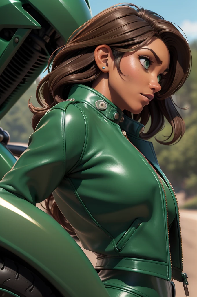 obra prima, melhor qualidade, ((only one woman,)) ((kristi noem, dark tan skin, dark brown wavy bob hair)) looking over shoulder at me, massive erect cone tits, ((wearing metallic green leather biker moto jacket,)) ((jacket has padded shoulders, jacket has stiff high collar,)) (((wearing jade green leather pants,))) body is very skinny, arched back, ((riding motorcycle, extreme closeup view, side front view of upper body,)) shallow depth of field, highres, HD, 8k, anatomically correct