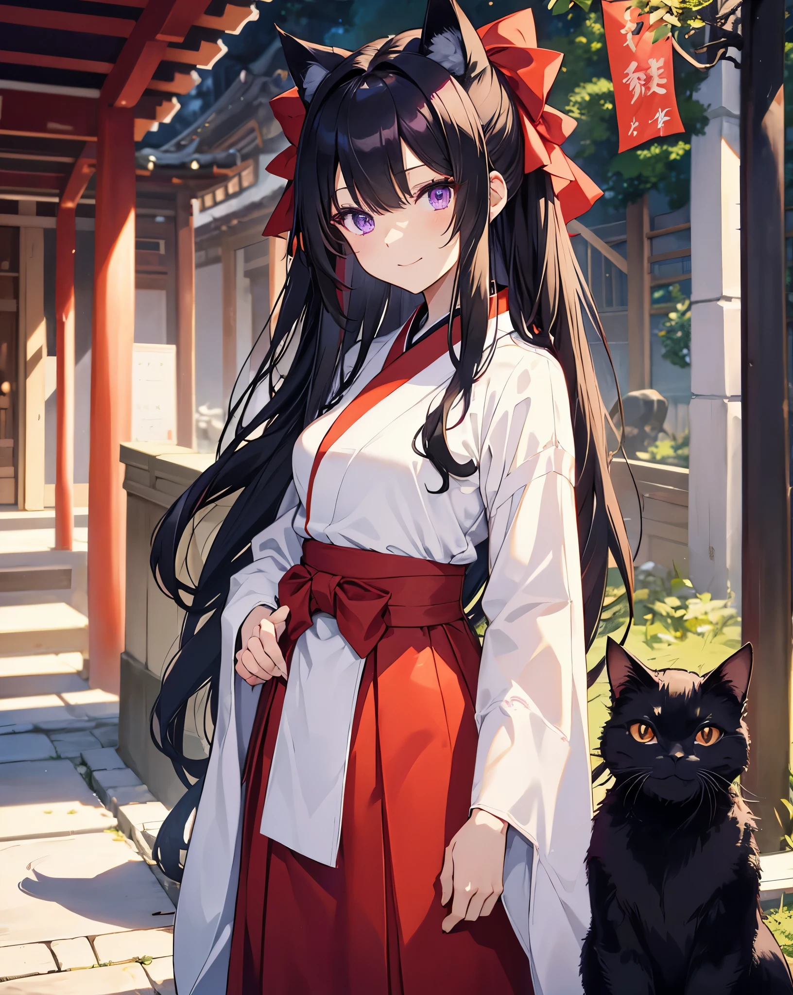Face shot, Eyes macro, 1 anime catgirl, black cat ears, neko ears, with long black hair tied back, Two small tufts of hair in front, wearing a traditional white blouse with voluminous sleeves and a high collar, paired with a long red skirt that has a bow at the waist. The character is in a standing pose and has an elegant and refined appearance. She has accent purple eyes, detailed anime eyes, she is the shrine priestess. She has a cat pose. red hakama and white kimono. Slim waist. She is at the entrance of a shrine, she is Enlightened by God . Red high skirt. She has a cute smile.