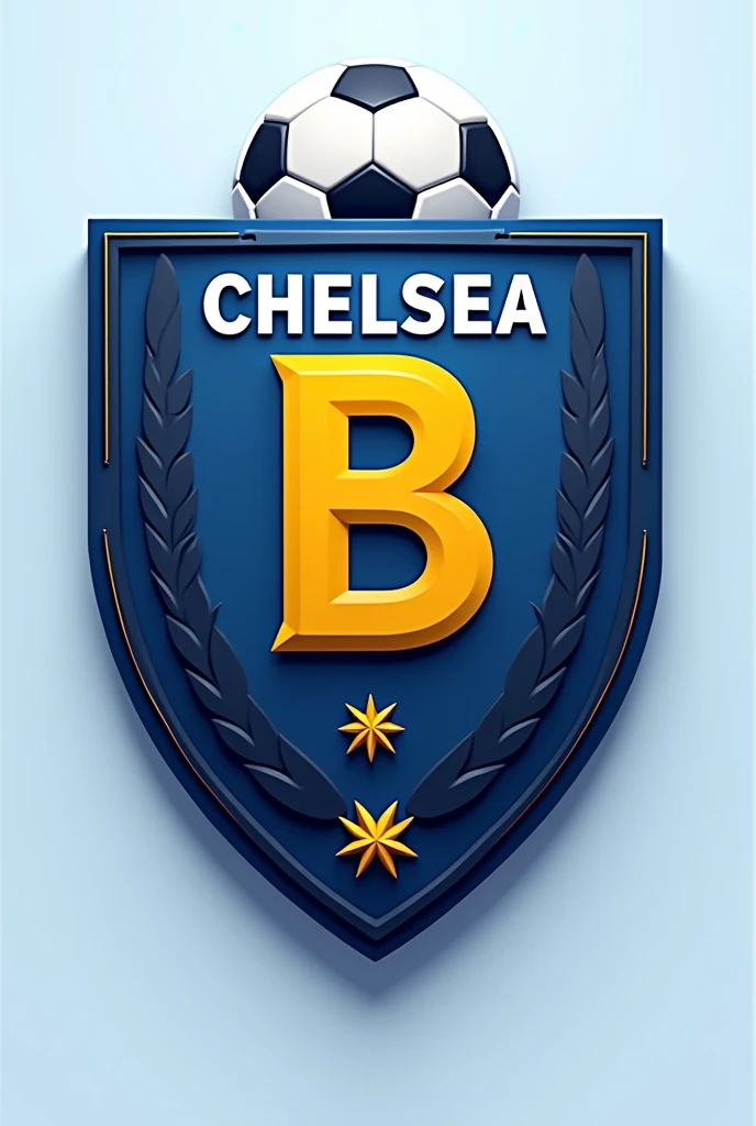 "Create a shield for a football team called 'Chelsea B'. The design should include the title 'Chelsea B' prominently. Use light blue, dark blue and YELLOW as main colors. The shield should have a modern and elegant look, incorporating elements that symbolize strength, unity and sportsmanship. besides, include a football in the design, that integrates harmoniously with the shield."