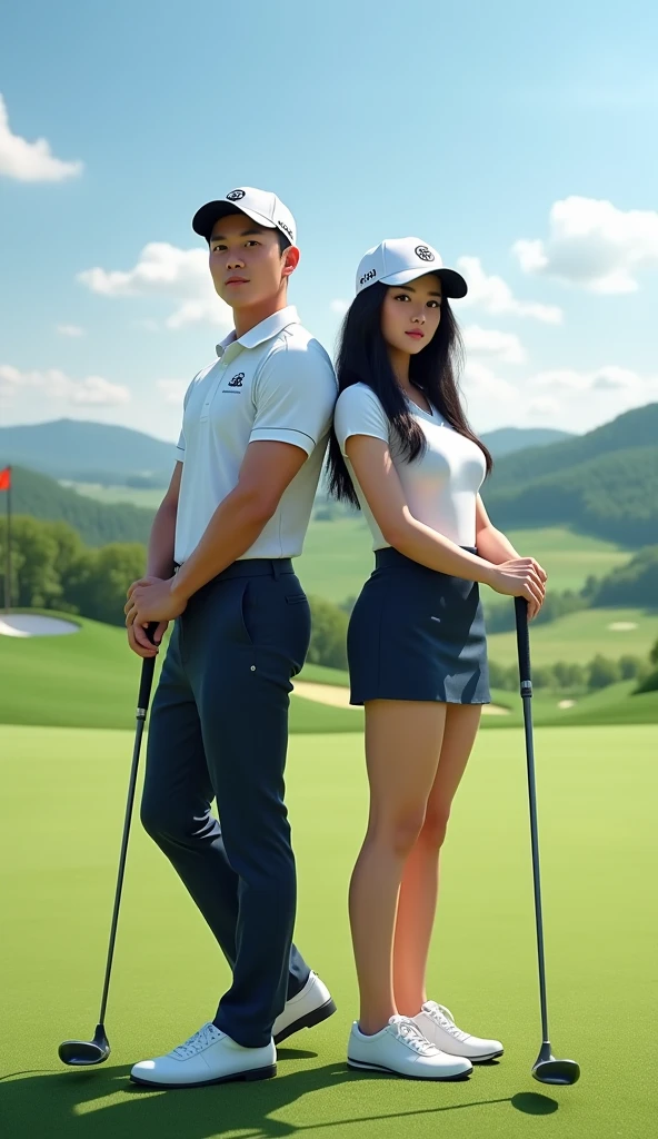Handsome Korean Male Golfer, Sexy Korean Female Golfer, Make a picture of two people standing together in the field, Golf Cap, Golf Goal, Golf Club, Make female athletes wear short skirts, 