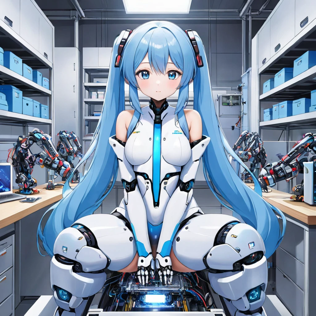 ((1 cyborg woman)),((huge breasts, naked pussy, naked breasts, biomechanical breasts)),((urethral insertion)),((short light blue hair, blue eyes)),sitting on a table with monitors, spinning a blue rubber penis naked ass, naughty smile