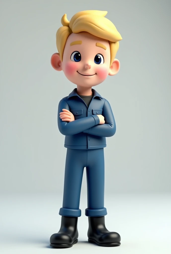 Create a mascot of a short 3D blond male character looking sideways forward wearing a blue uniform, pants and a dark shirt. , without logo and without details ,with black boots with crossed hands