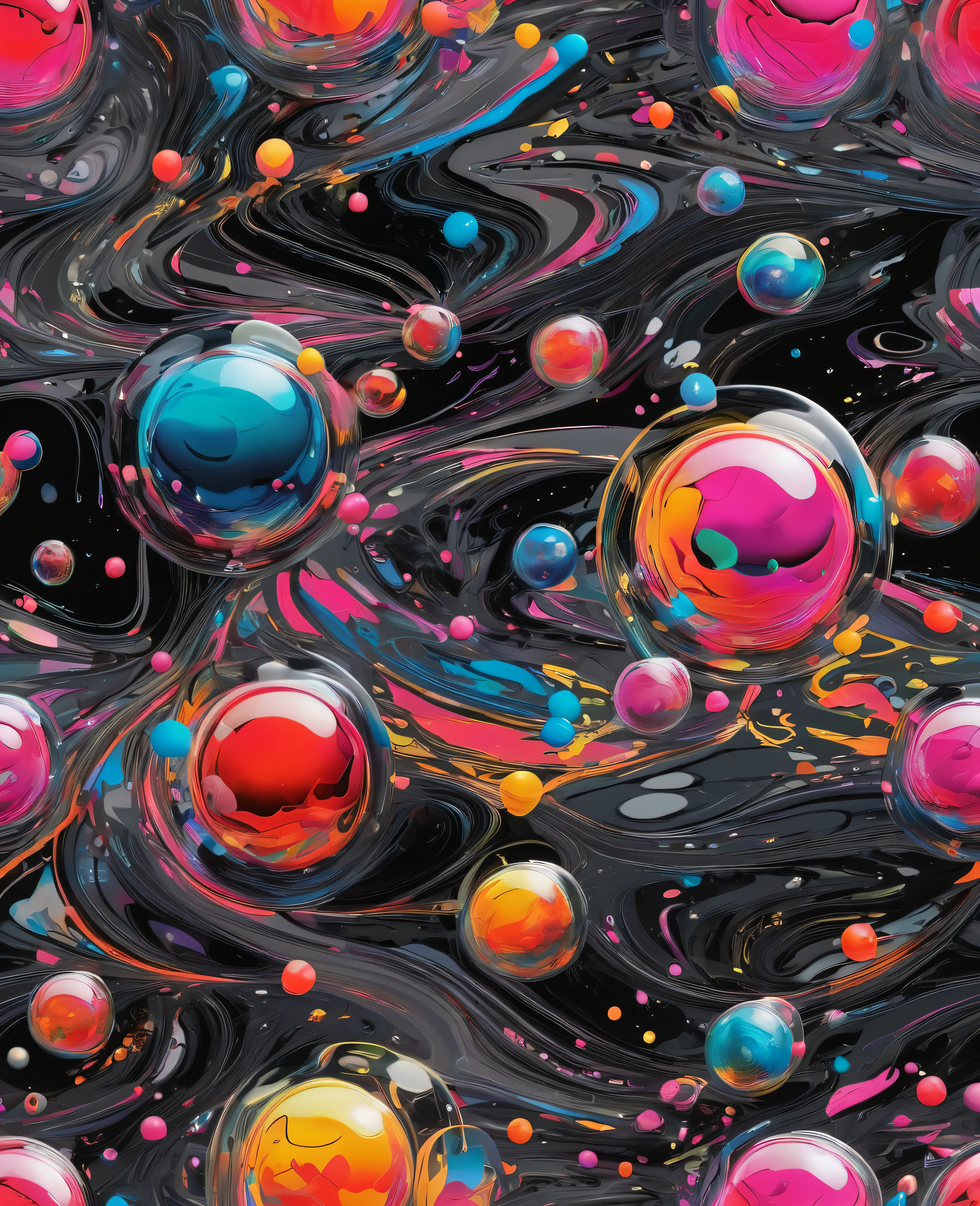 "An ultra-intricate 8K masterpiece inspired by Petra Cortright's graffiti and scribble style, featuring vibrant, holographic bubbles and swirling abstract patterns. The design is a professional, highly detailed representation set against a deep charcoal background, making the iridescent colors of the bubbles and dynamic patterns stand out. This composition merges elements of comics and contemporary art, showcasing an official artwork with exceptional quality and artistic brilliance. Each bubble is meticulously crafted, reflecting light and color with stunning realism, creating a visually captivating and dynamic piece."