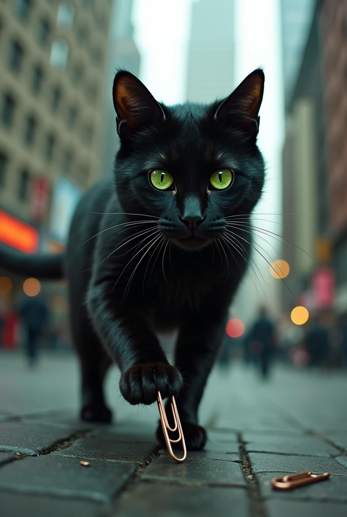 Black cat with green eyes grabbing a dropped paper clip in the city