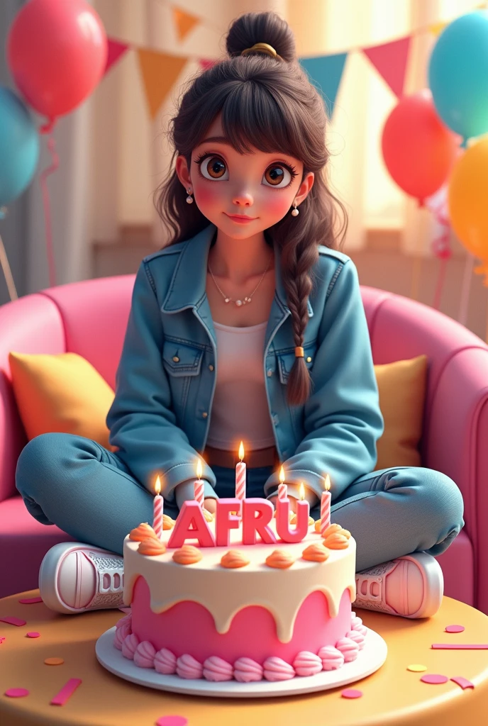 3D illustration of a woman
sitting casually on front of a cake. The character must wear casual modern clothing such as jeans jackets and sneakers shoes. The background of the image is a party theme. Write 'AFRU' on the birthday cake. Make sure the text is not misspelled.
Show there Her age is 16