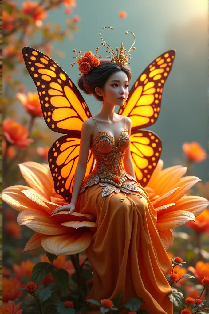 3d animated multicoloured butterfly queen in form of lady detailed wearing clothes and sitting on colourful flower, autumn detailed, digital art, 8k ,high resolution 